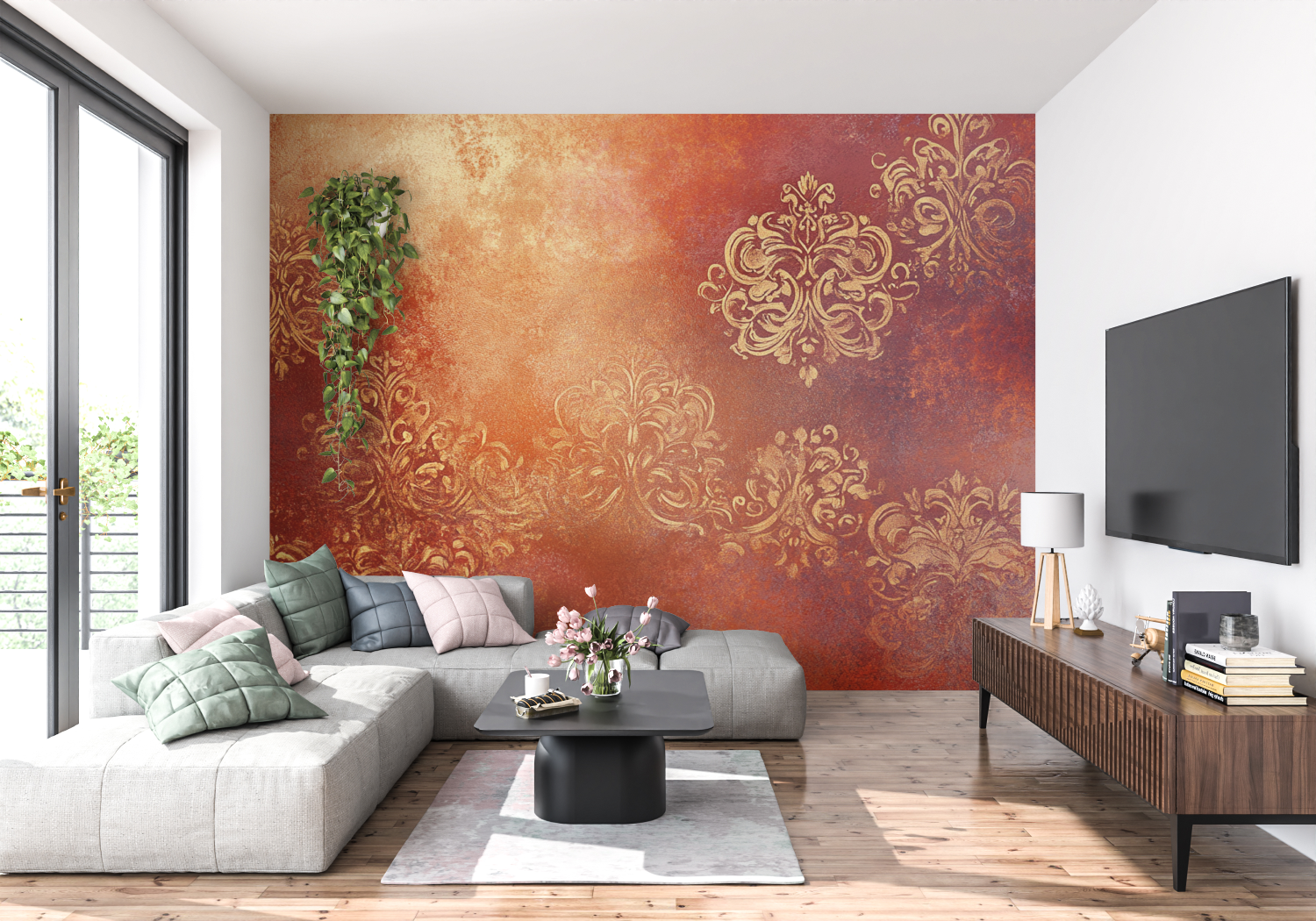 Papier peint terracotta et dore panoramique 4murs