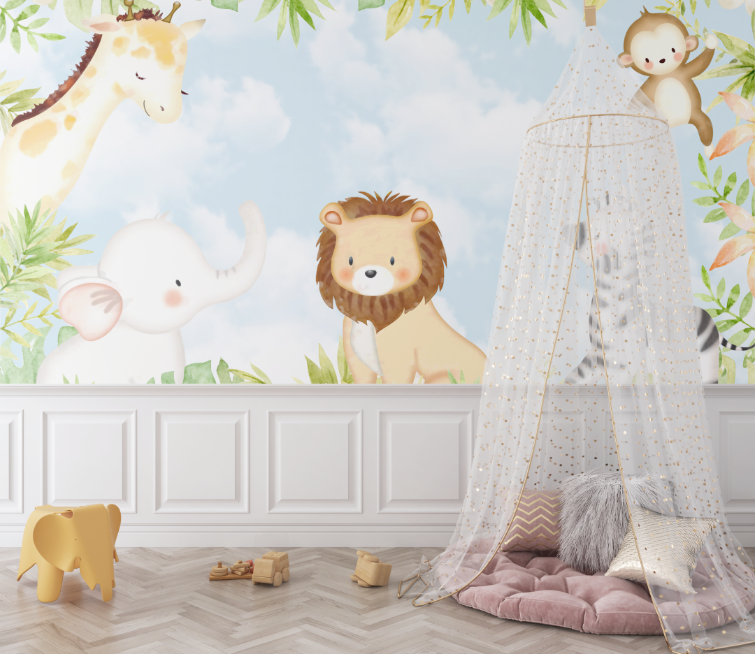 Papier peint lion et animaux de la foret bebe