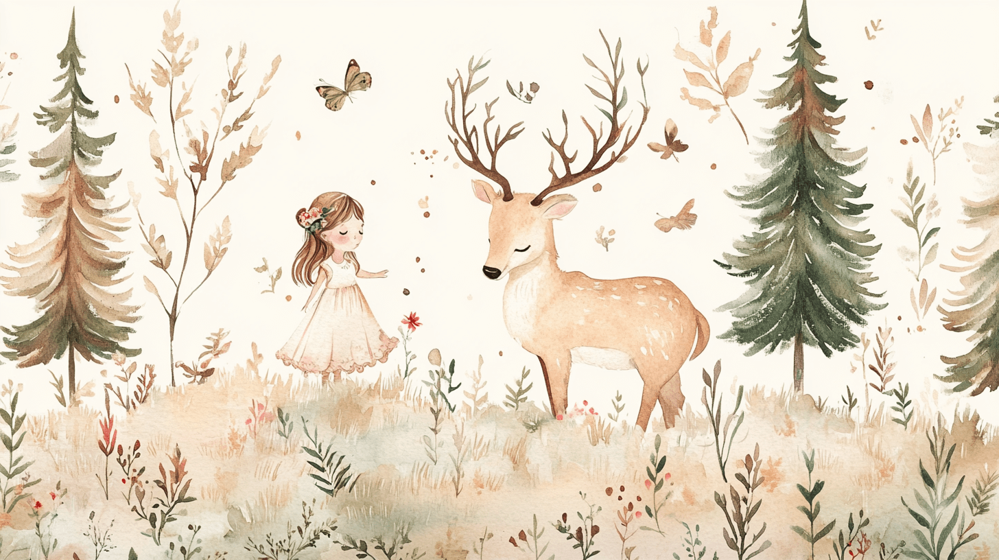Papier Peint Animaux Fille Forêt Cerf