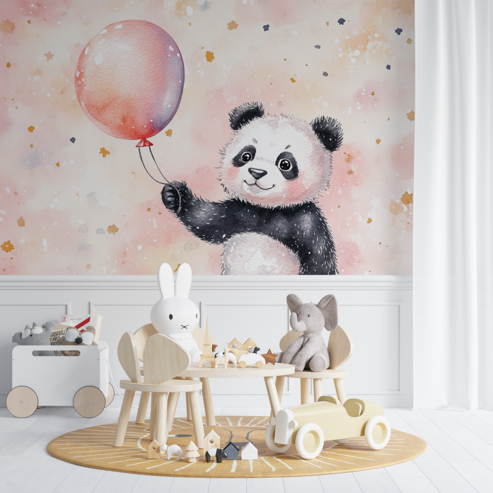 Papier peint panda avec ballon chambre de bebe
