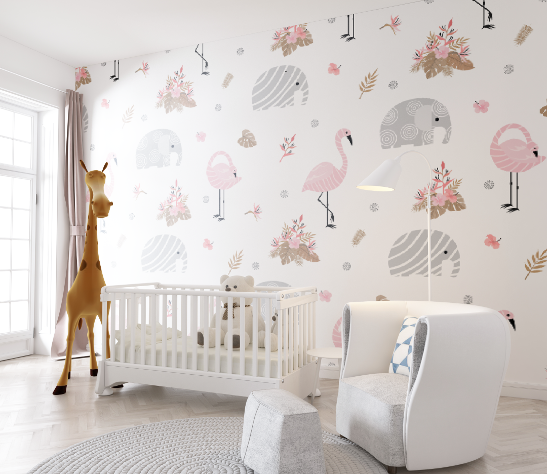 Papier peint bébé Flamant rose blanc - chambre de bebe