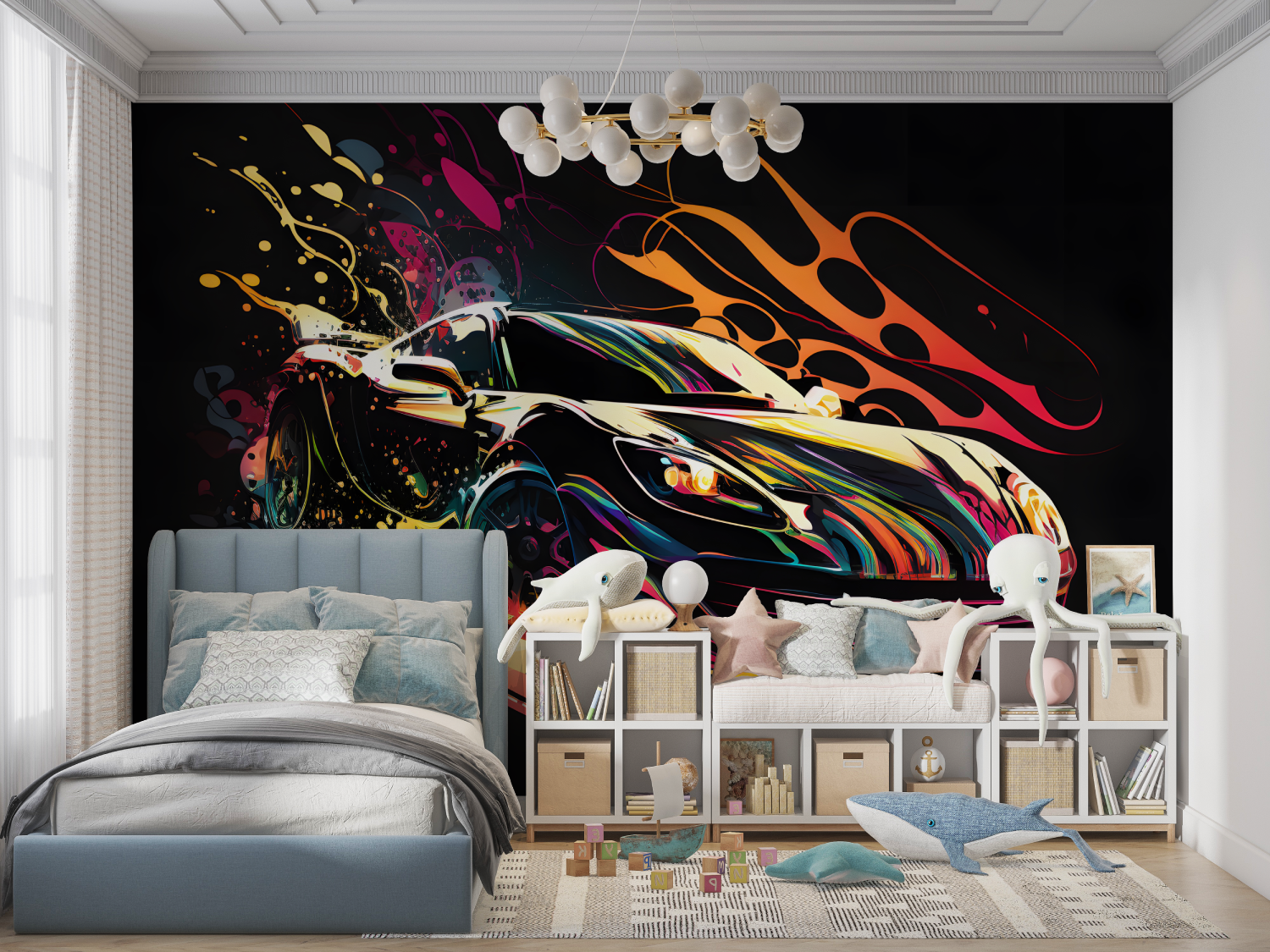 Papier peint voiture noir et graffiti panoramique garcon