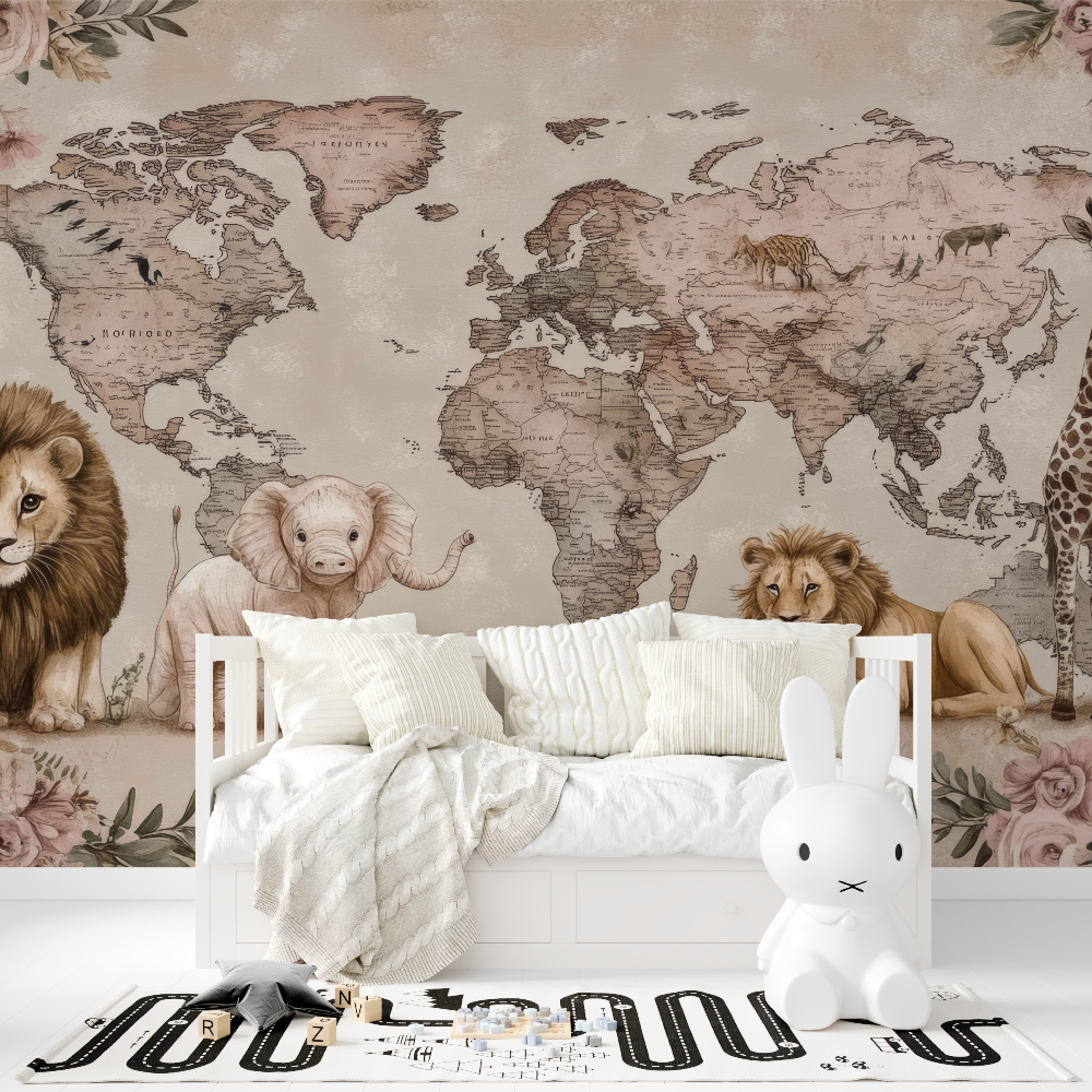 Papier peint carte du monde animaux rose tapisserie fille