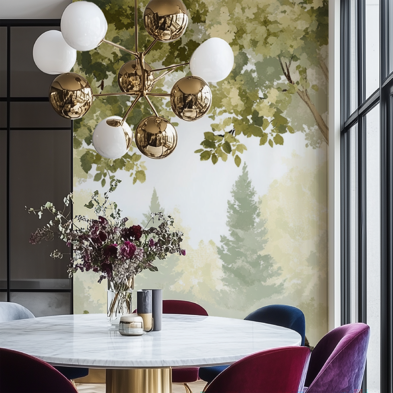 Papier peint arbre hibou champignon salon chaise