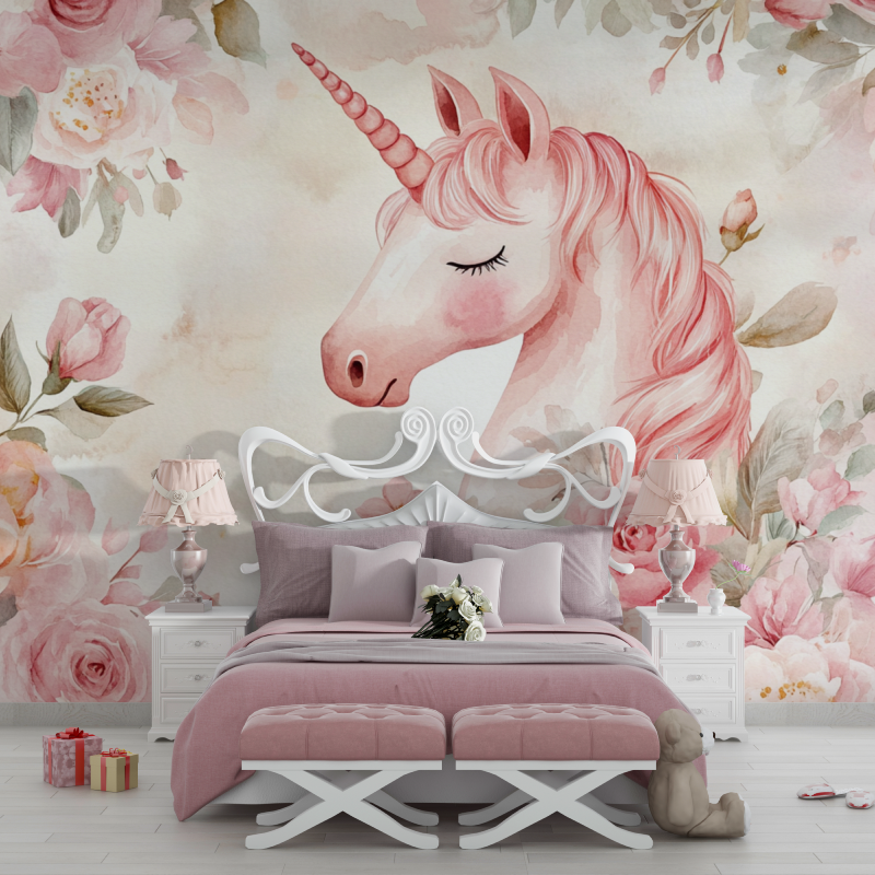 Papier peint licorne rose fleurs roses chambre filles