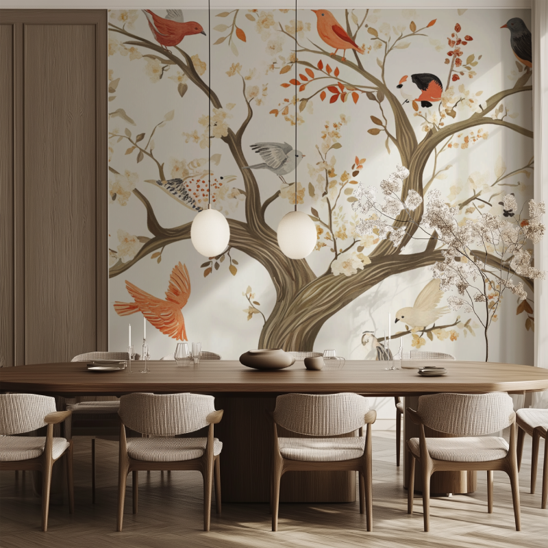Papier peint arbre animaux salle manger tendance