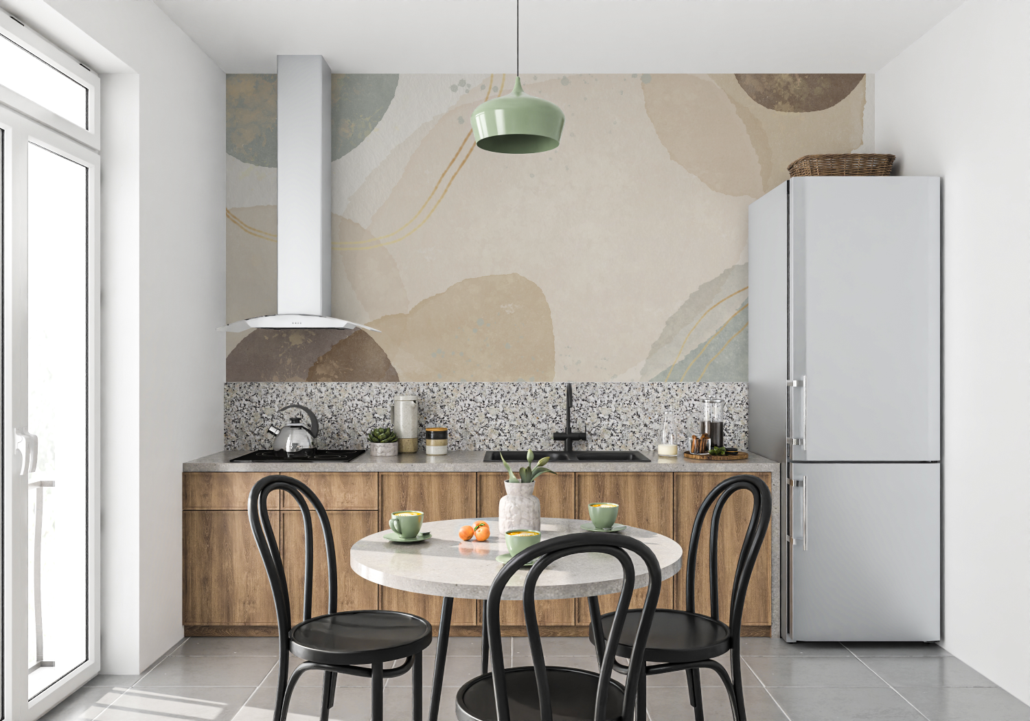 Papier peint aquarelle taches terreuses mur cuisine