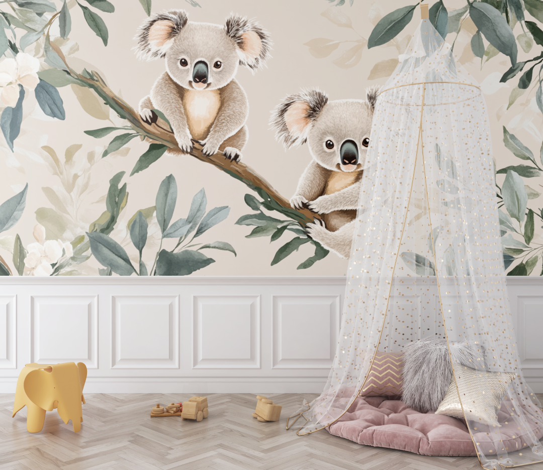 Papier peint koala sur fond sable doux bebe
