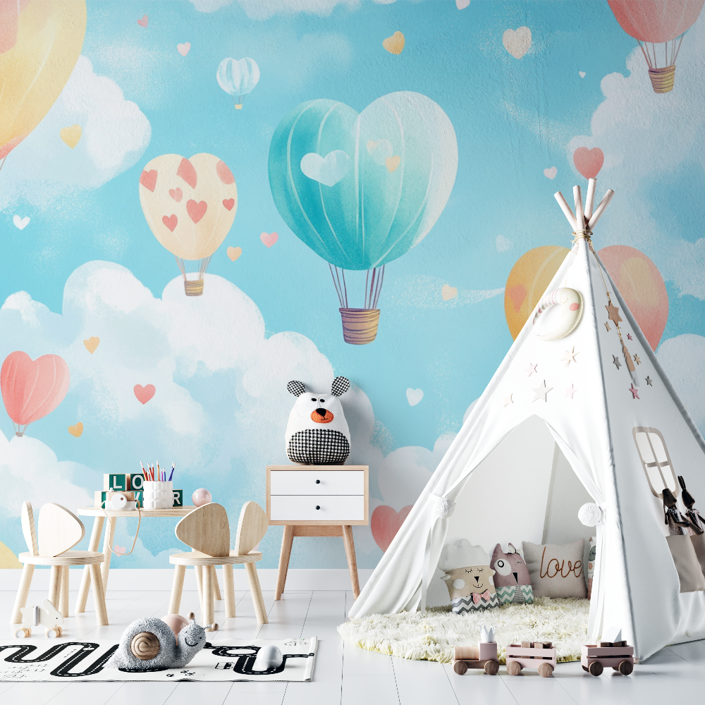 Papier peint montgolfiere et petits curs chambre bebe
