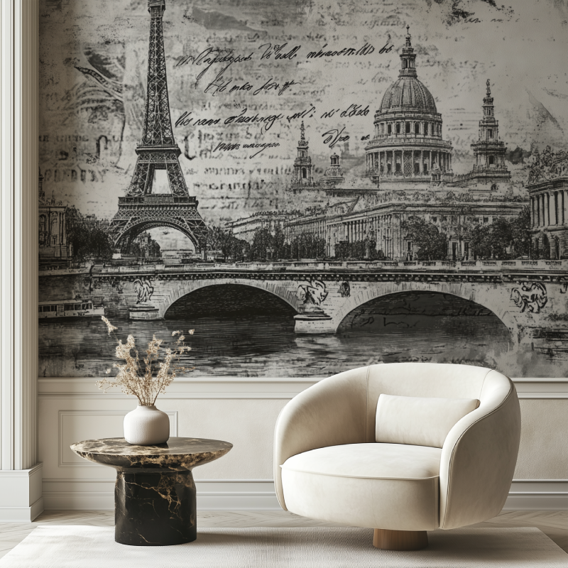 Papier peint vintage noir et bl...te postale chaise tendance