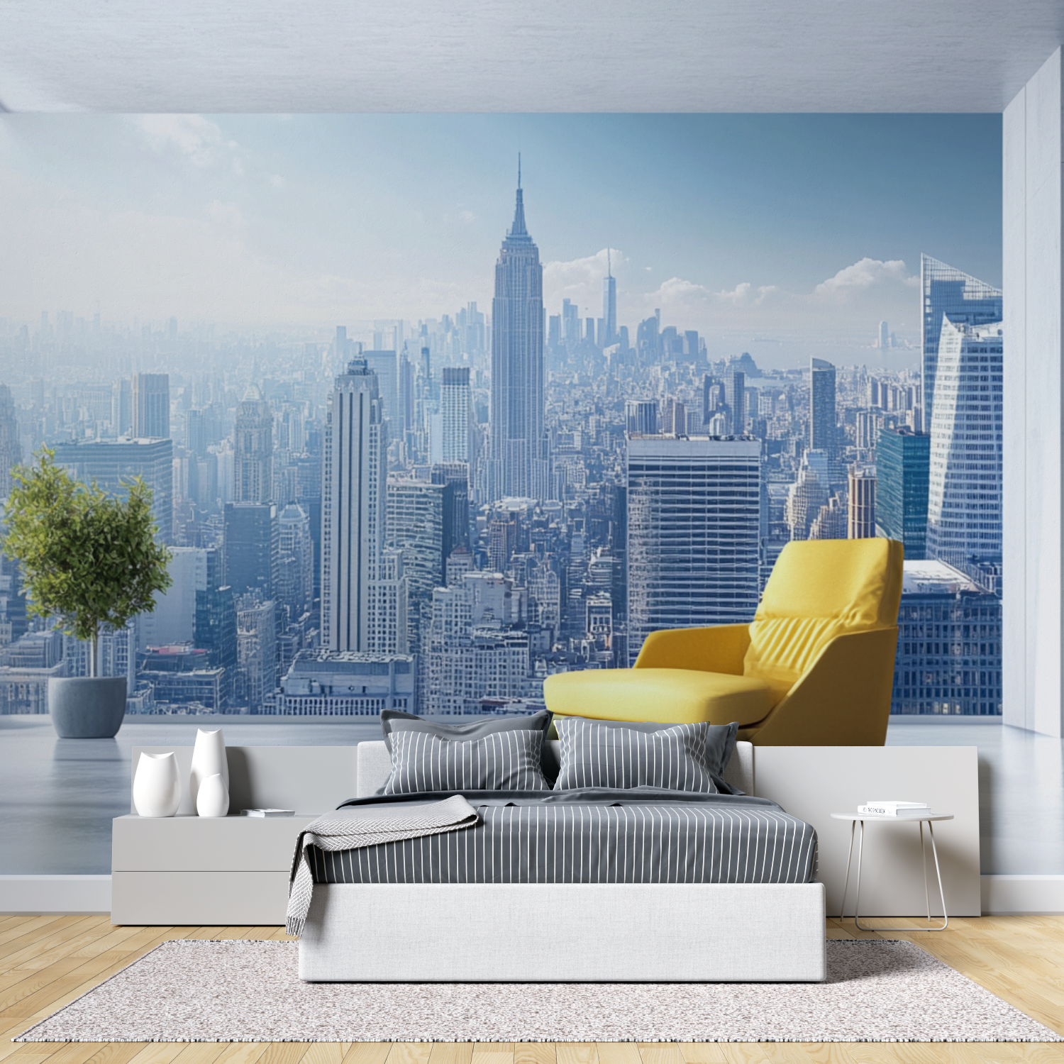 Papier peint trompe loeil ville tete de lit