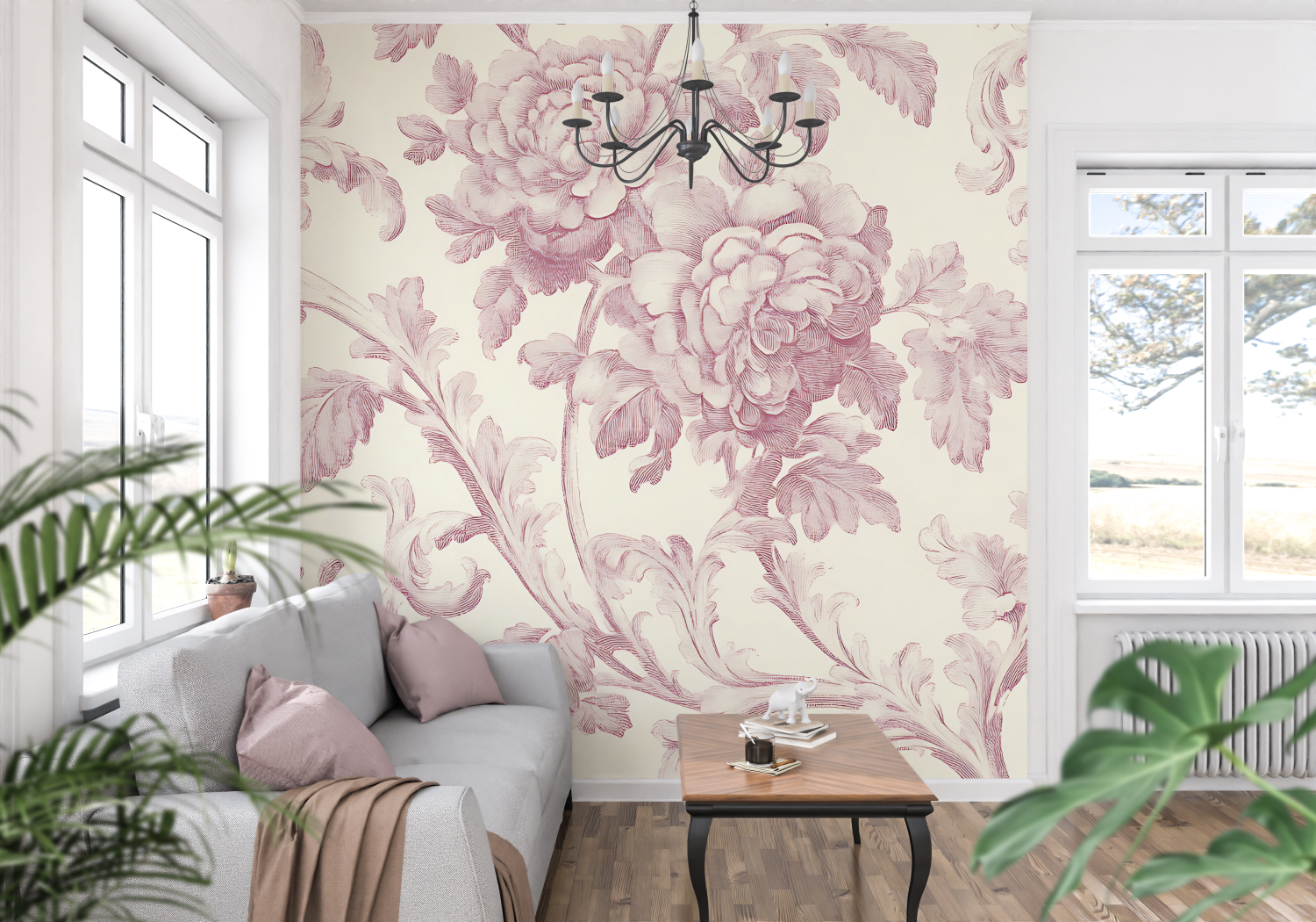 Papier Peint Toile De Jouy Rose Pale - trompe l'oeil