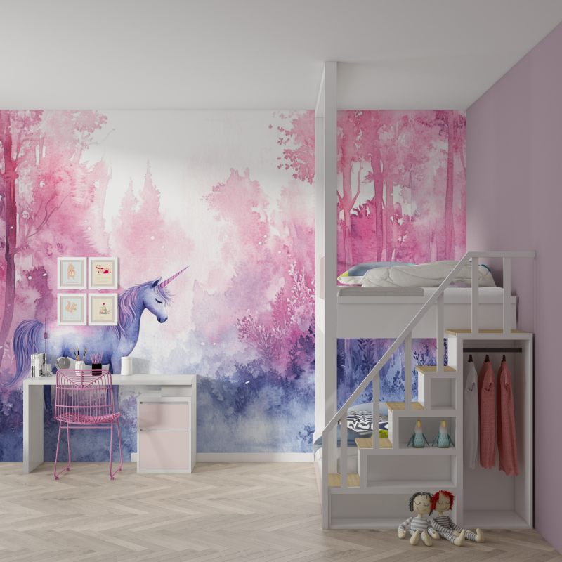 Papier peint panoramique licorn...les bois mur chambre fille