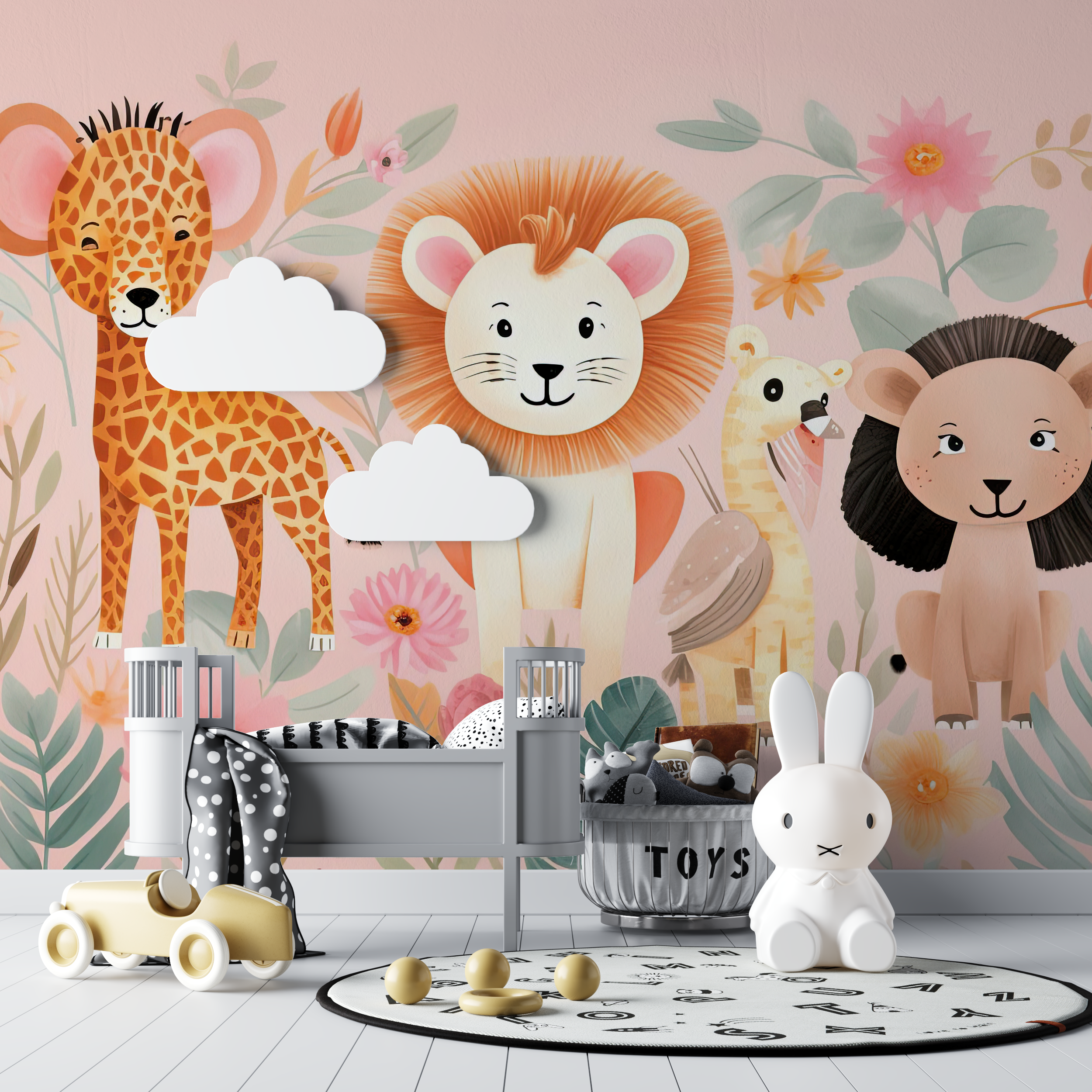 Papier peint lion tropicale rose bebe tipi