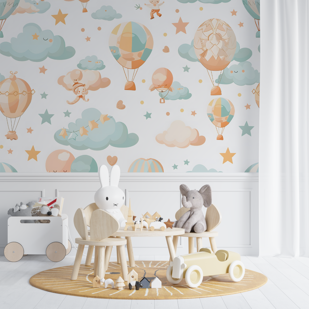 Papier peint bébé Montgolfières et nuages - bebe unisexe