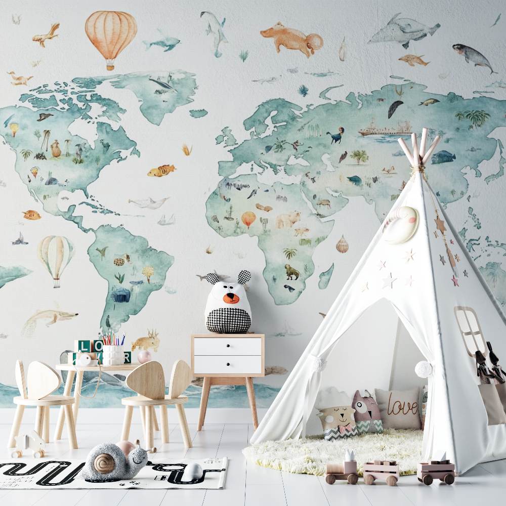 Papier peint carte du monde animaux chambre bebe