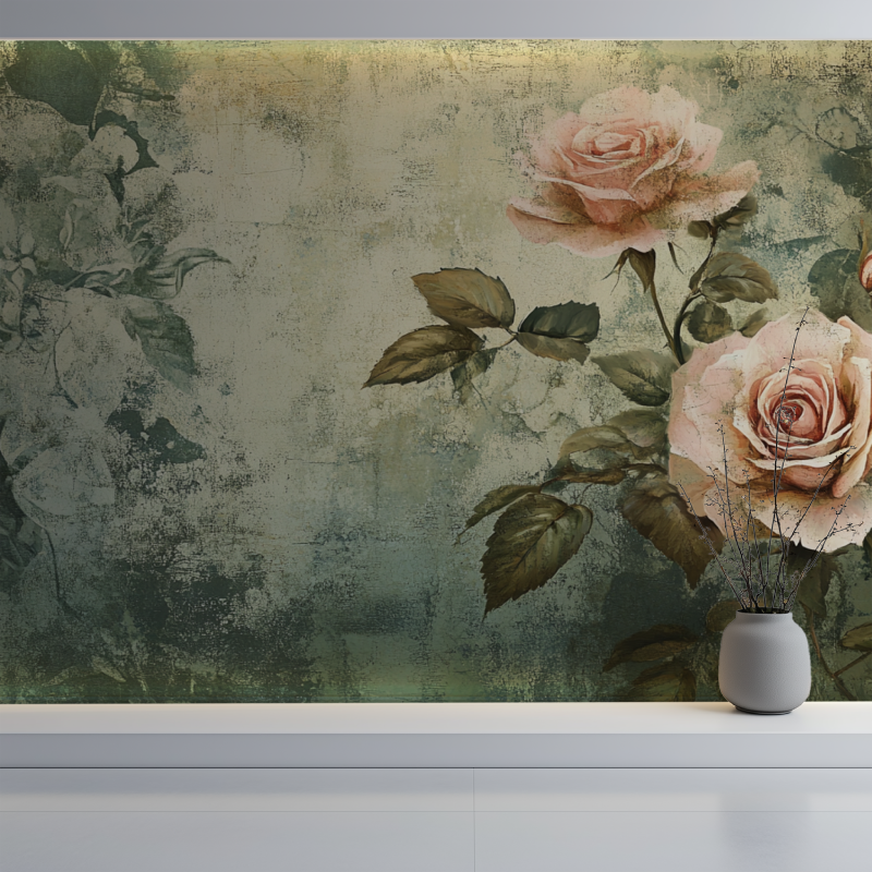 Papier peint vintage fleuries mur blanc