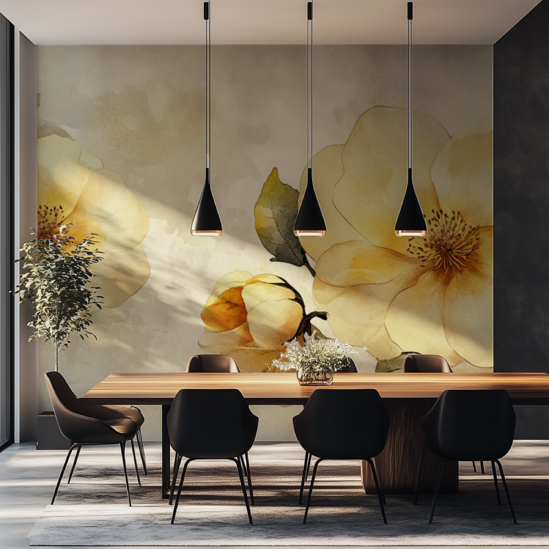 Papier peint fleur jaune salle manger tapisserie