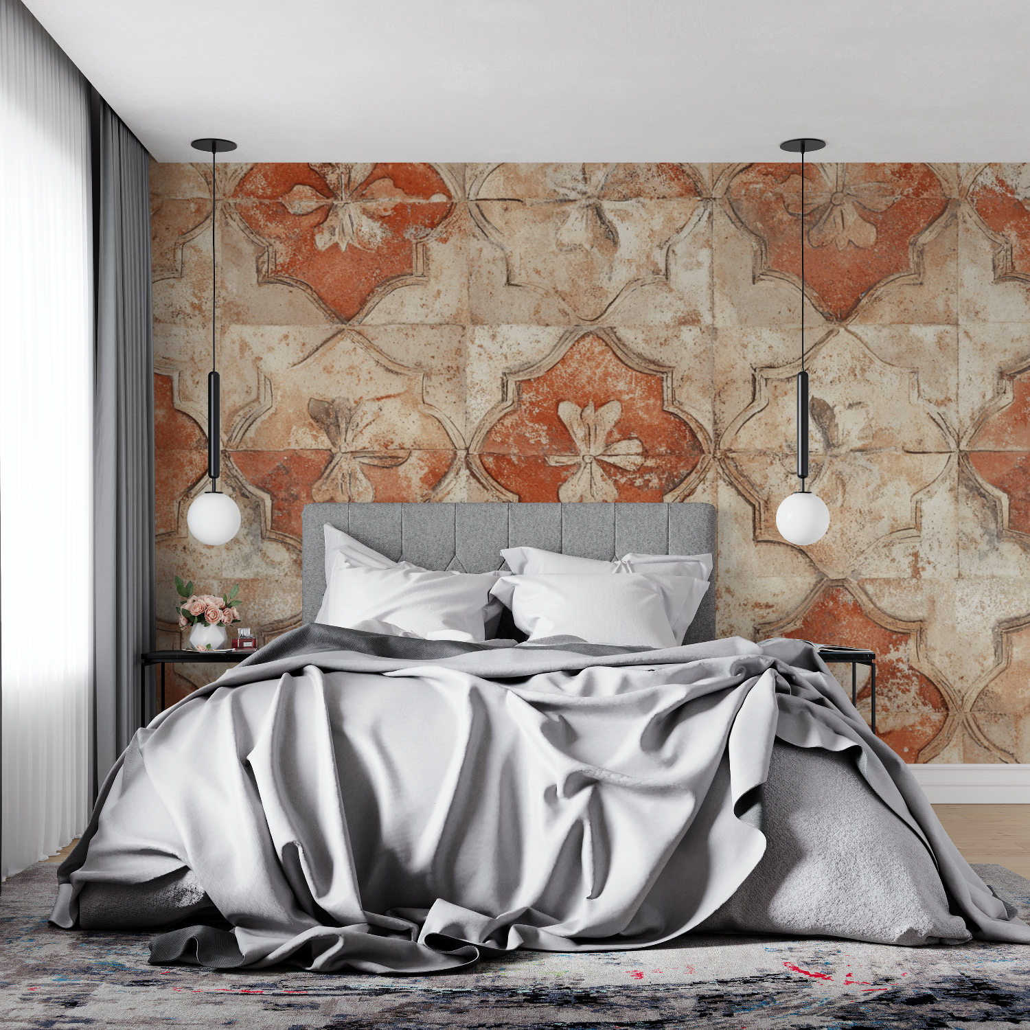 Papier peint terracotta et carrelage ancien 4murs