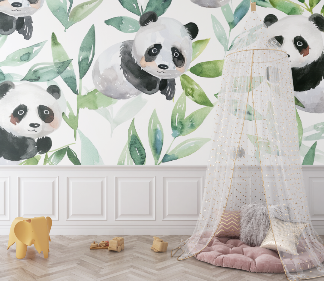 Papier peint Pandas ludiques bébé - chambre de bebe