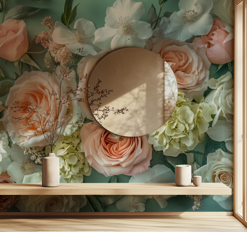 Papier peint fleuri vintage vert miroir