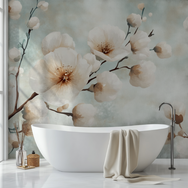 Papier peint fleur de coton sdb