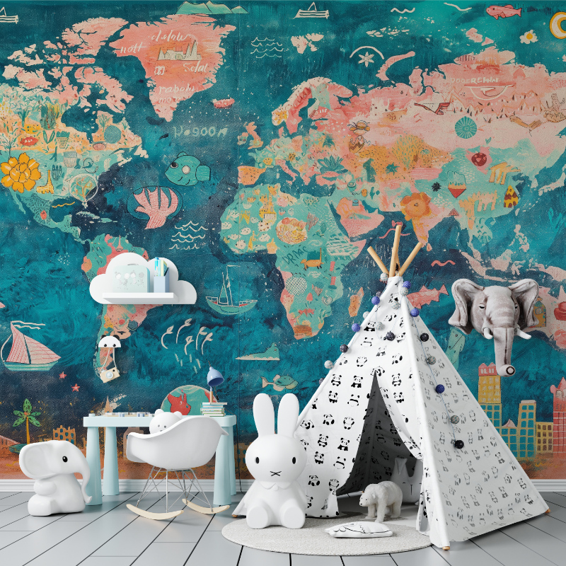 Papier peint pour enfant carte du monde tapisserie murs