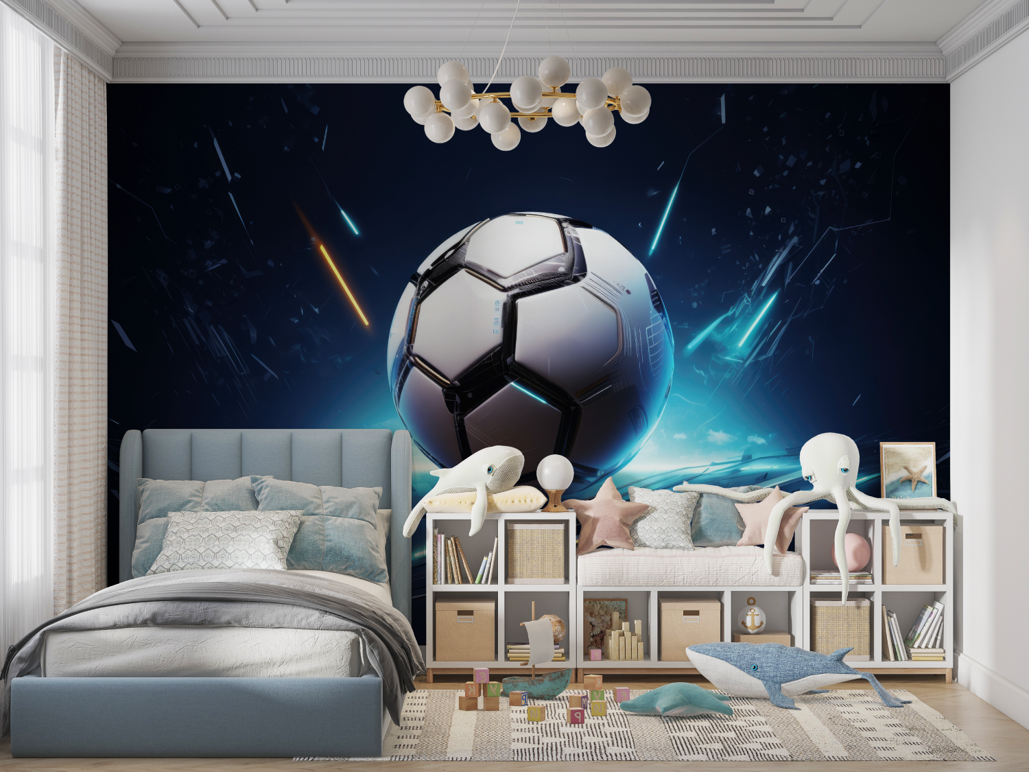 Papier peint 3d ballon foot bleu panoramique garcon