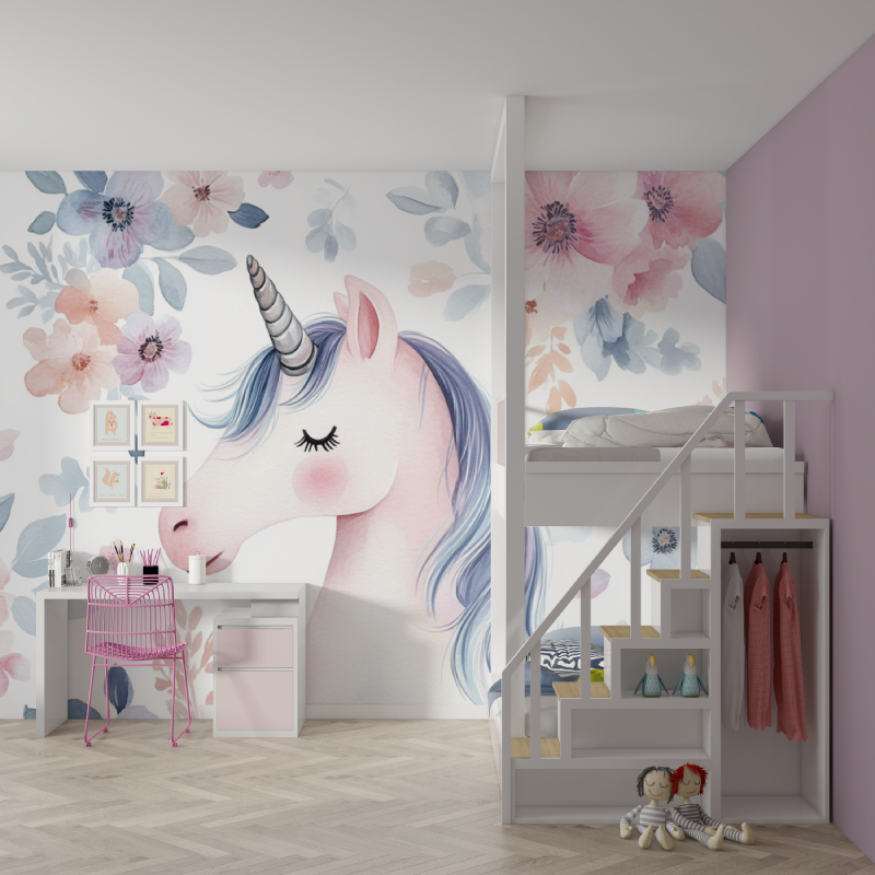 Papier peint tapisserie licorne...se fleur mur chambre fille