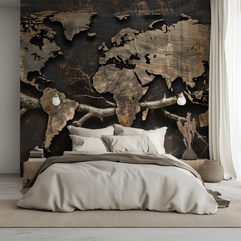 Papier peint carte du monde bois et branche lit 1234