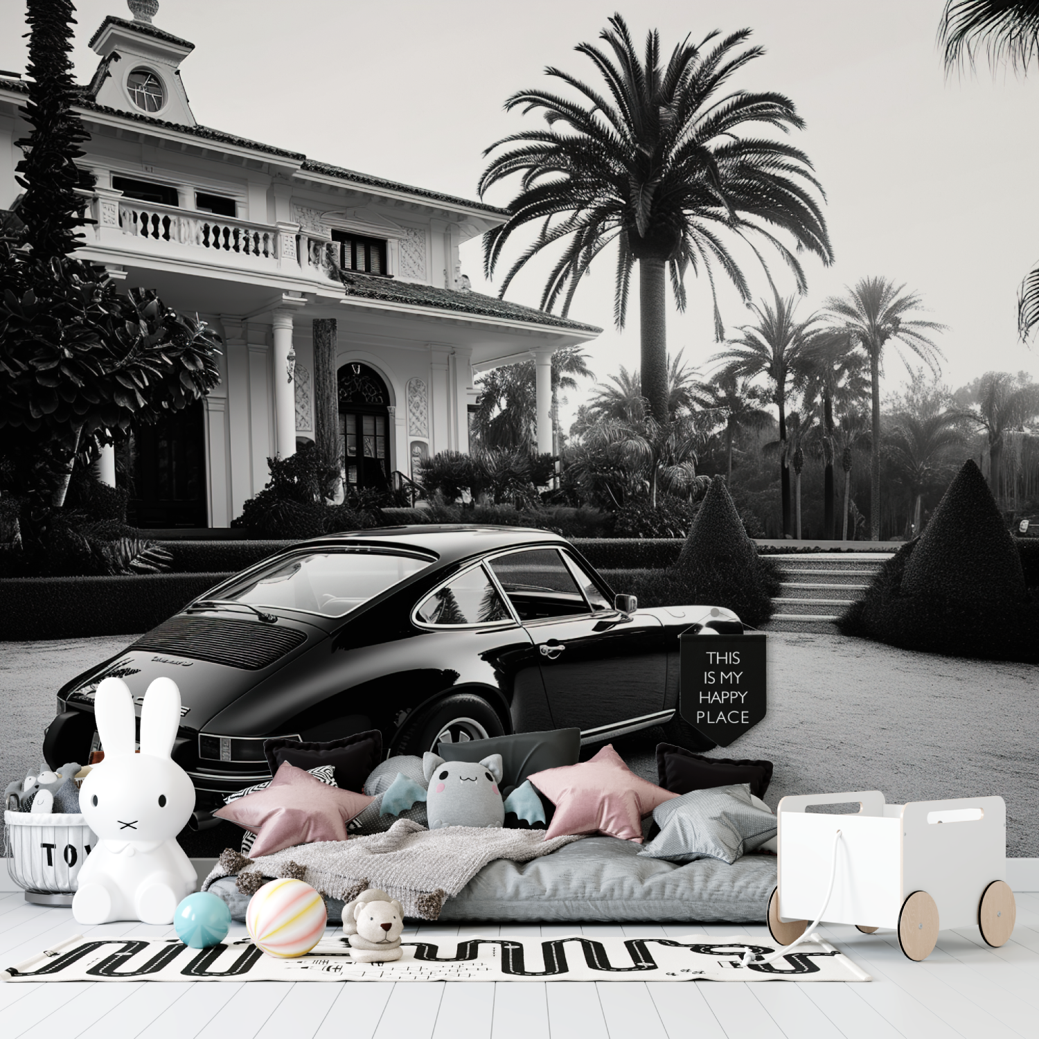 Papier peint noir et blanc voiture noire tapisserie garcon