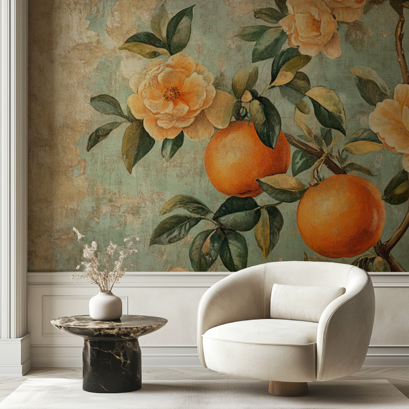 Papier peint vintage fleurs oranges chaise tendance
