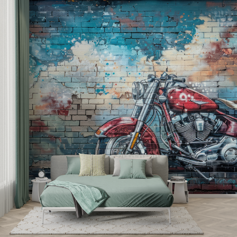 Papier peint graffiti moto briques garcon123