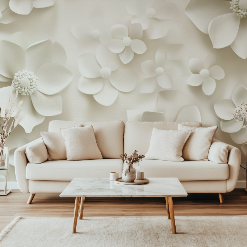 Papier peint fleur blanche canape simple