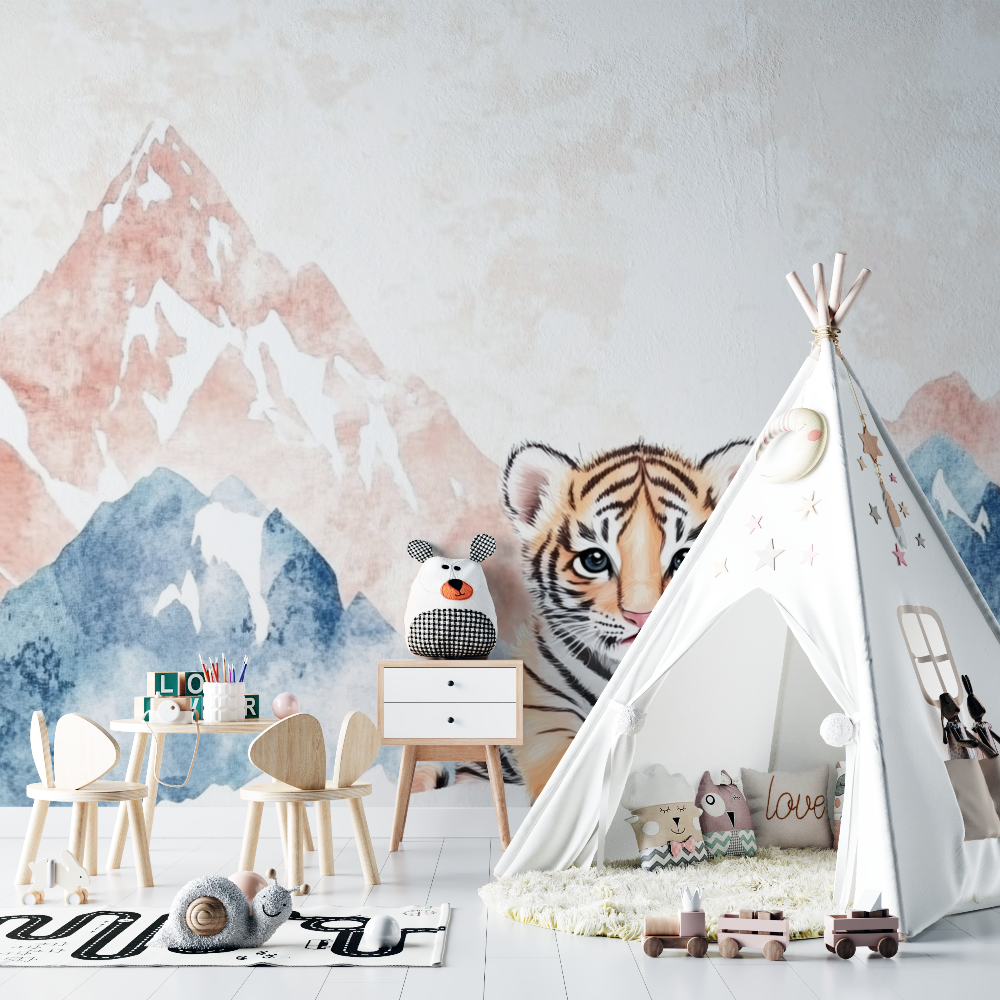 Papier peint tigre et montagnes douces chambre bebe