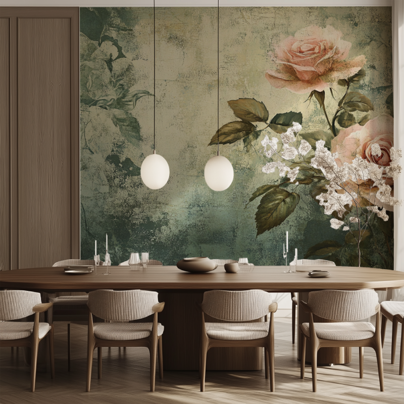 Papier peint vintage fleuries salle manger tendance