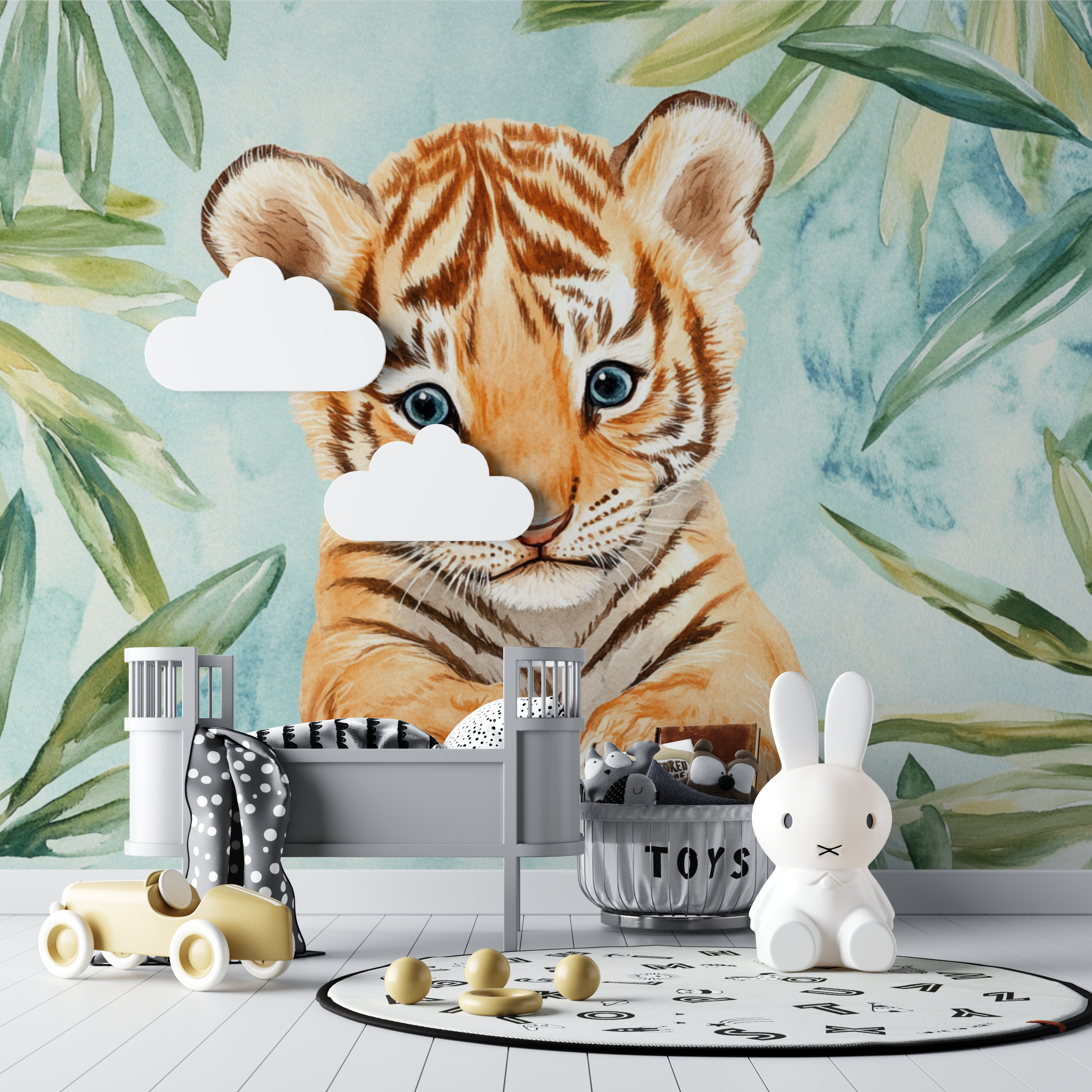 Papier peint tigre et ambiance tropicale bebe tipi
