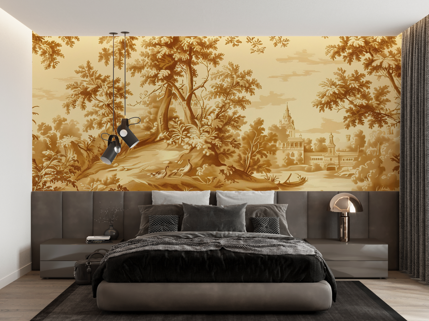 Papier Peint Toile De Jouy Paysage Jaune - trompe l'oeil