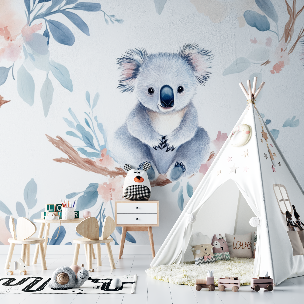 Papier peint koala entoure de plumes legeres chambre bebe