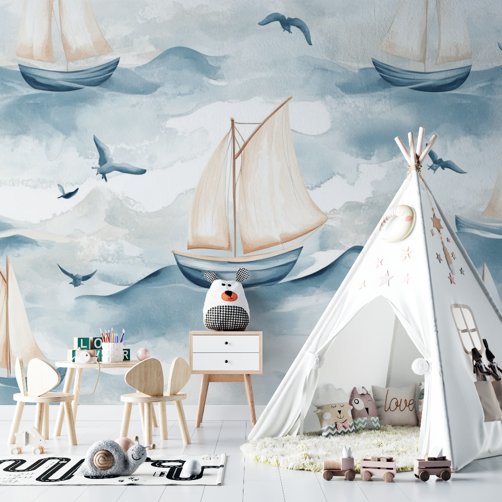 Papier peint marin motif bateaux chambre bebe