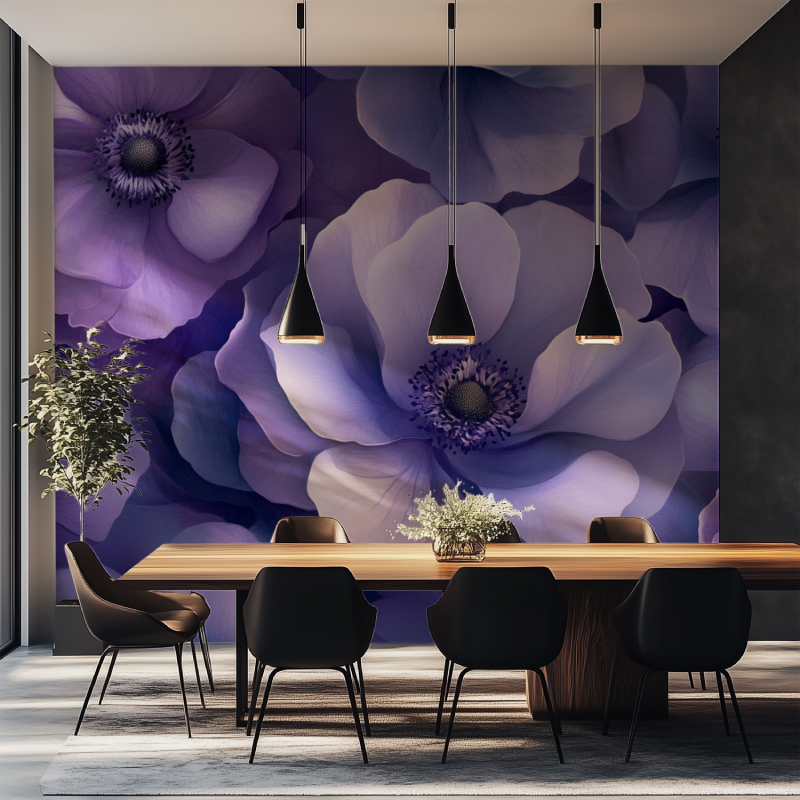 Papier peint fleur violet salle manger tapisserie