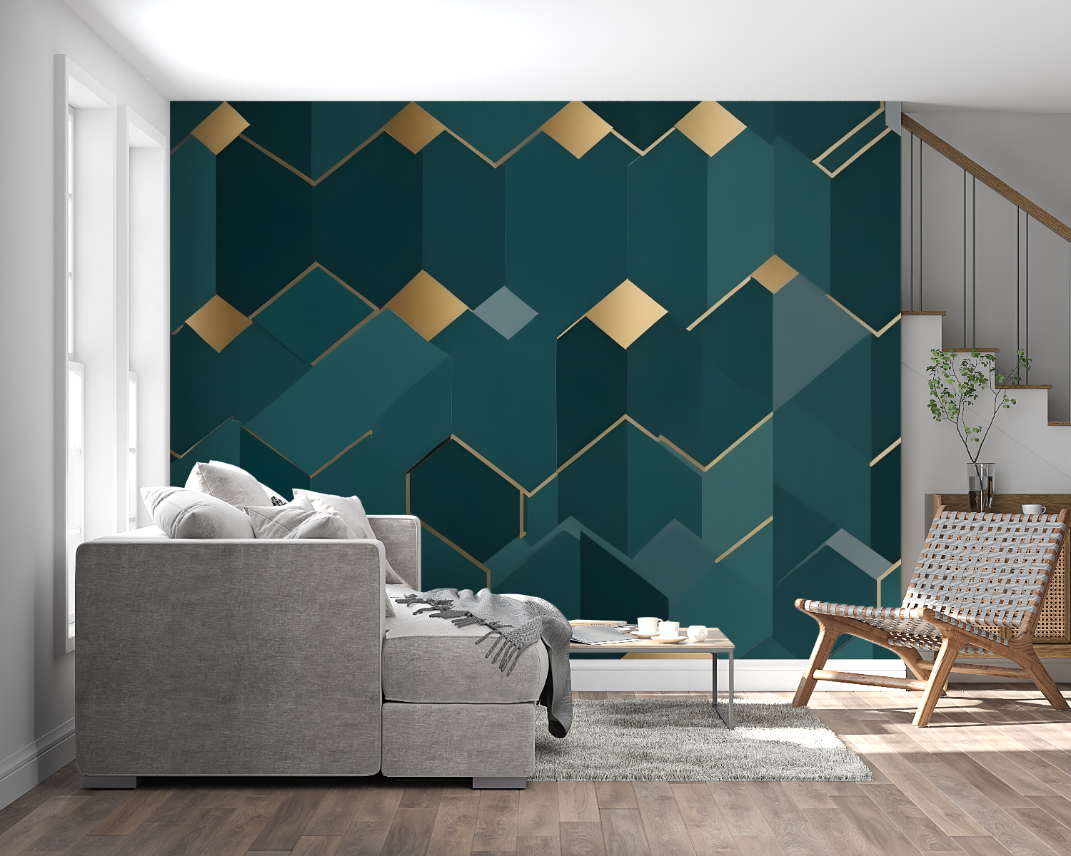 Papier Peint Geometrique Bleu Canard Doré - panoramique mural