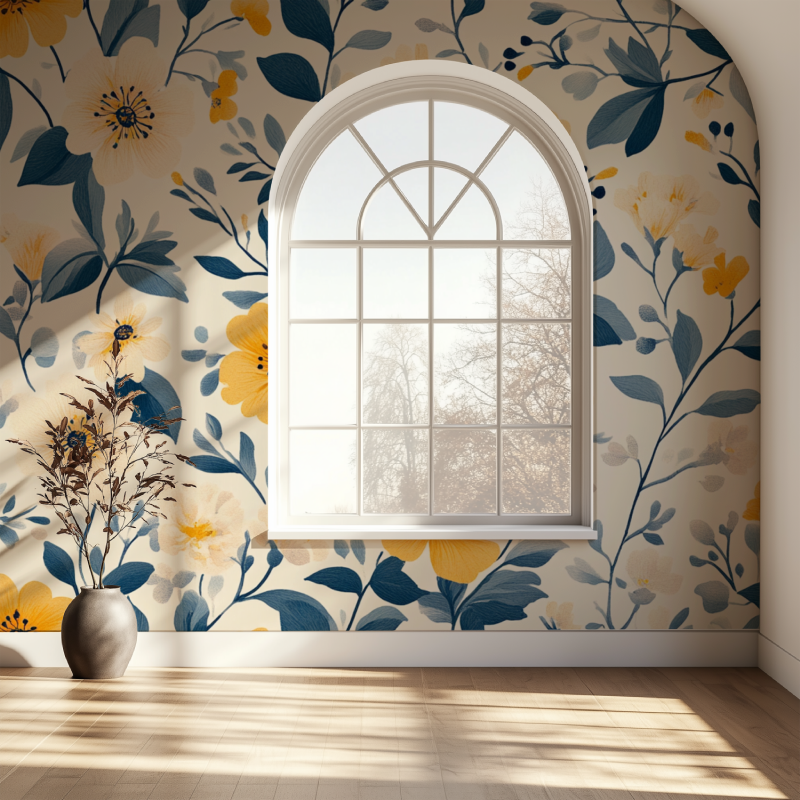 Papier peint scandinave vintage fleurs fenetre papier