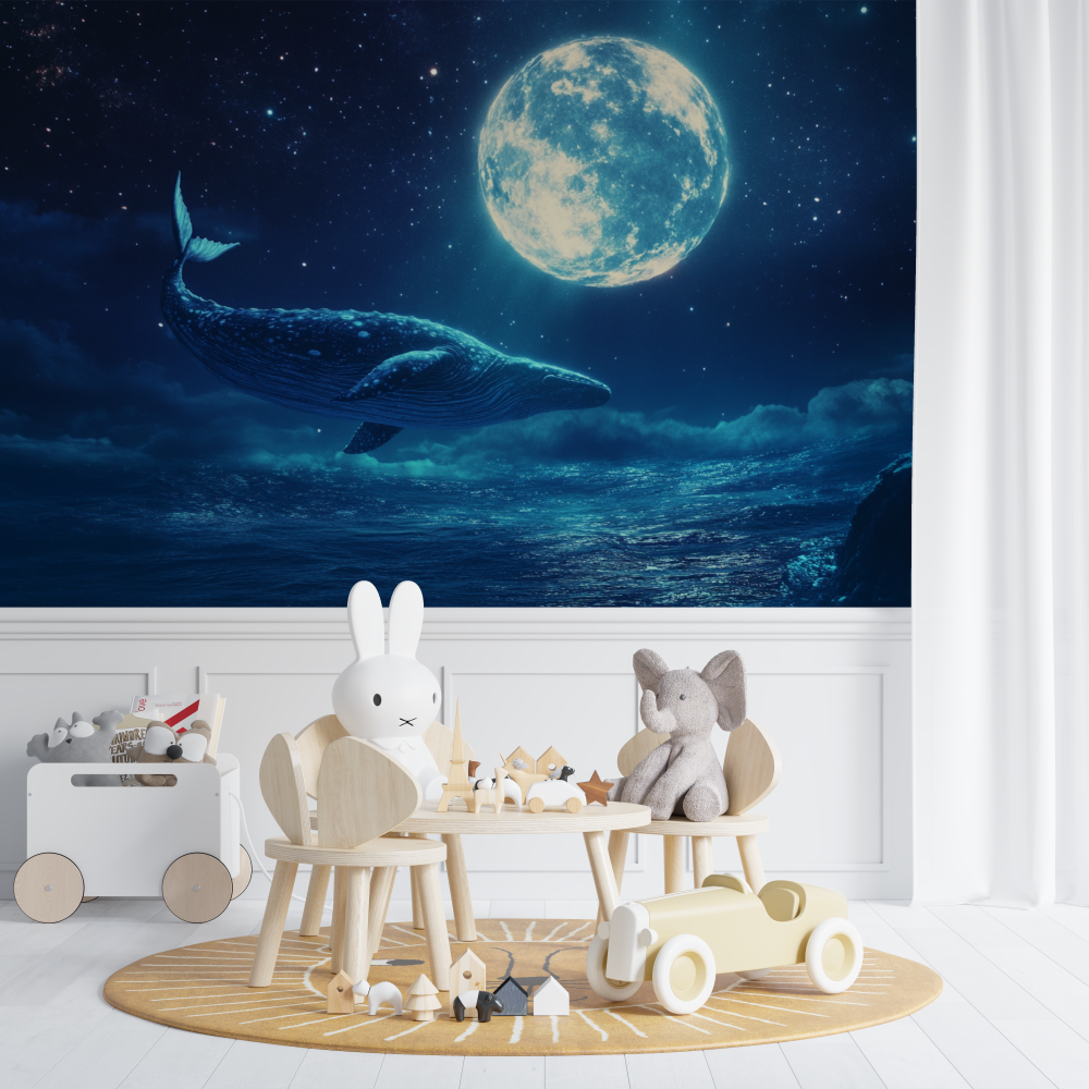Papier peint baleine et lune chambre de bebe