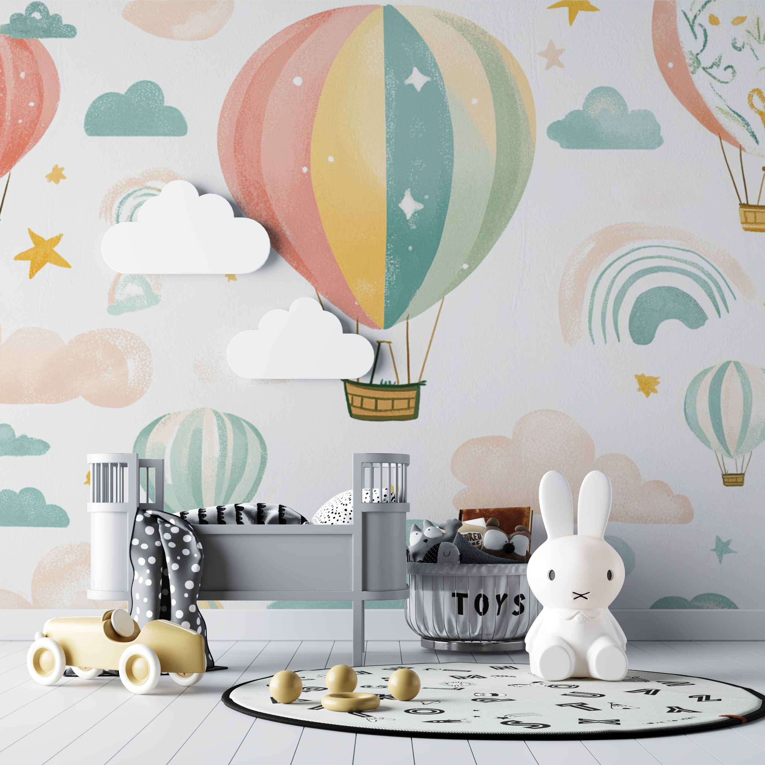 Papier peint montgolfiere et arc en ciel doux bebe tipi