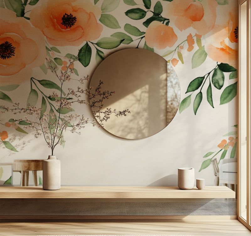 Papier peint fleur orange miroir