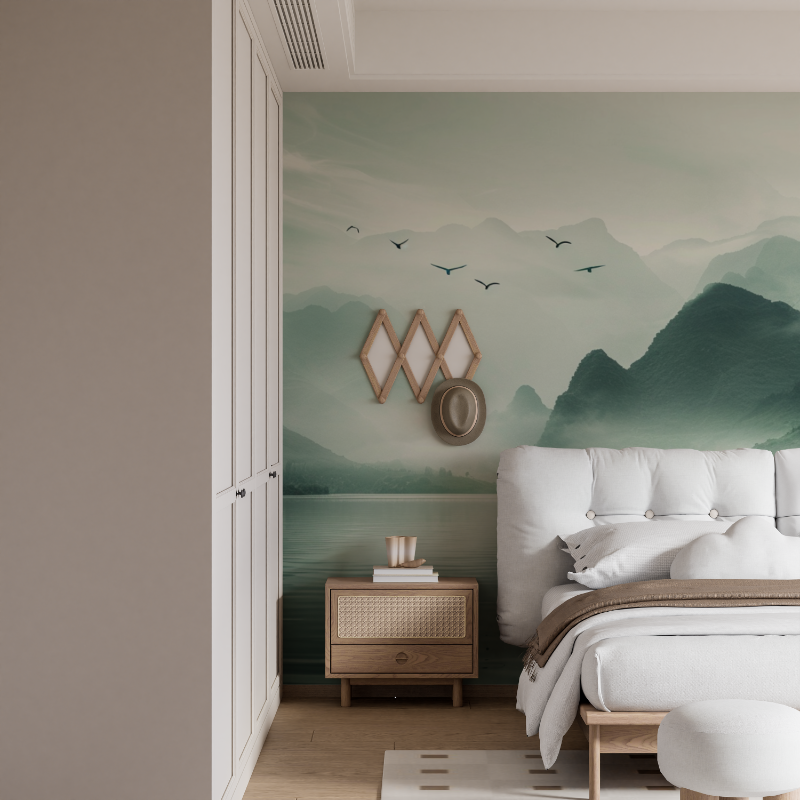 Papier peint montagne et voile sur le lac mural