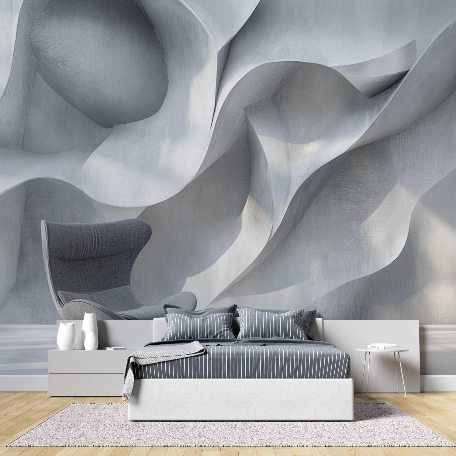 Papier peint 3d gris trompe l o...moulures metal tete de lit