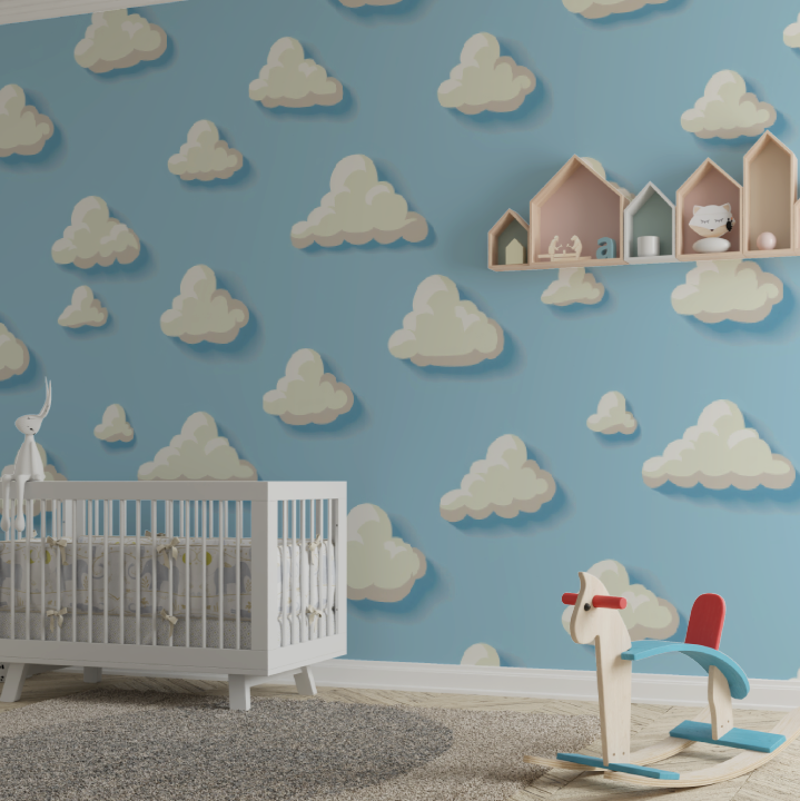Papier peint Nuages bleu pour bébé - chabre bébé