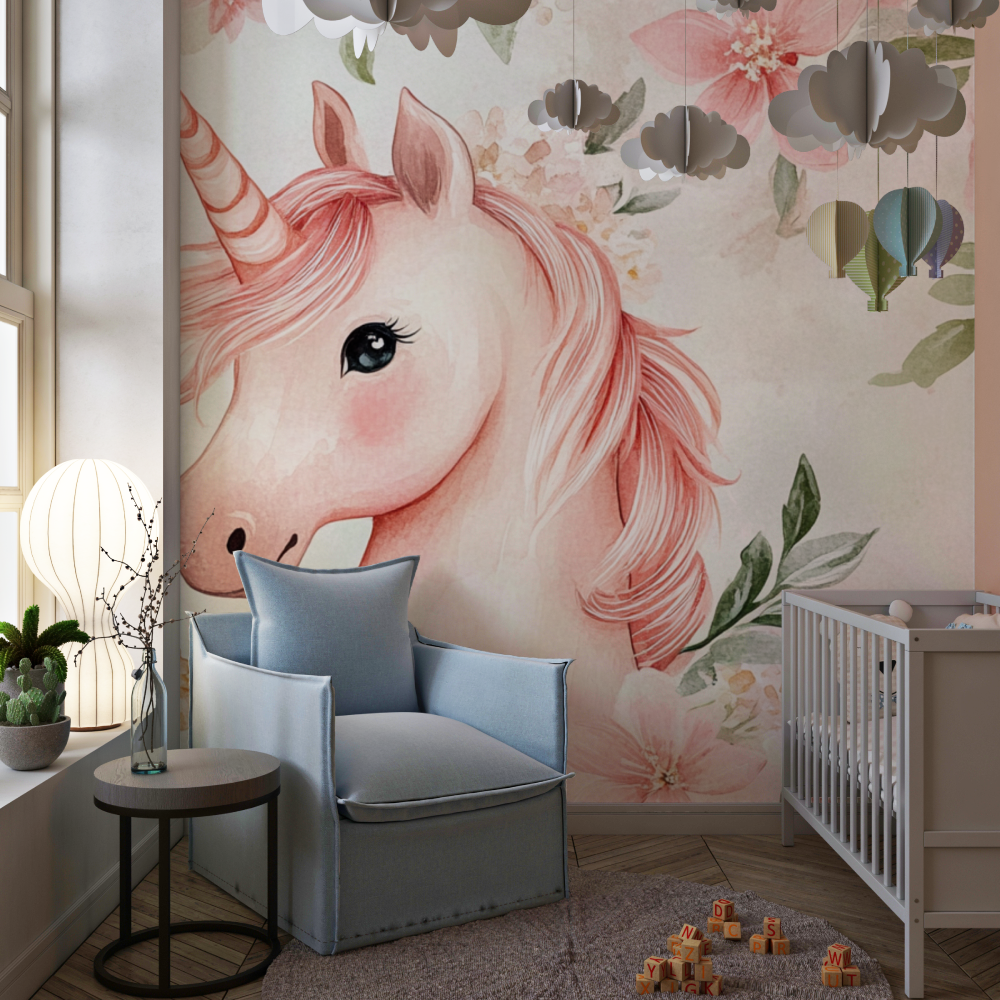 Papier peint licorne fleurs delicates chambre de fille
